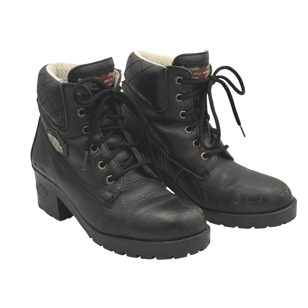 Harley Davidson Heeled Combat Boots Women 7 Black Leather Quilted Moto Biker Lug